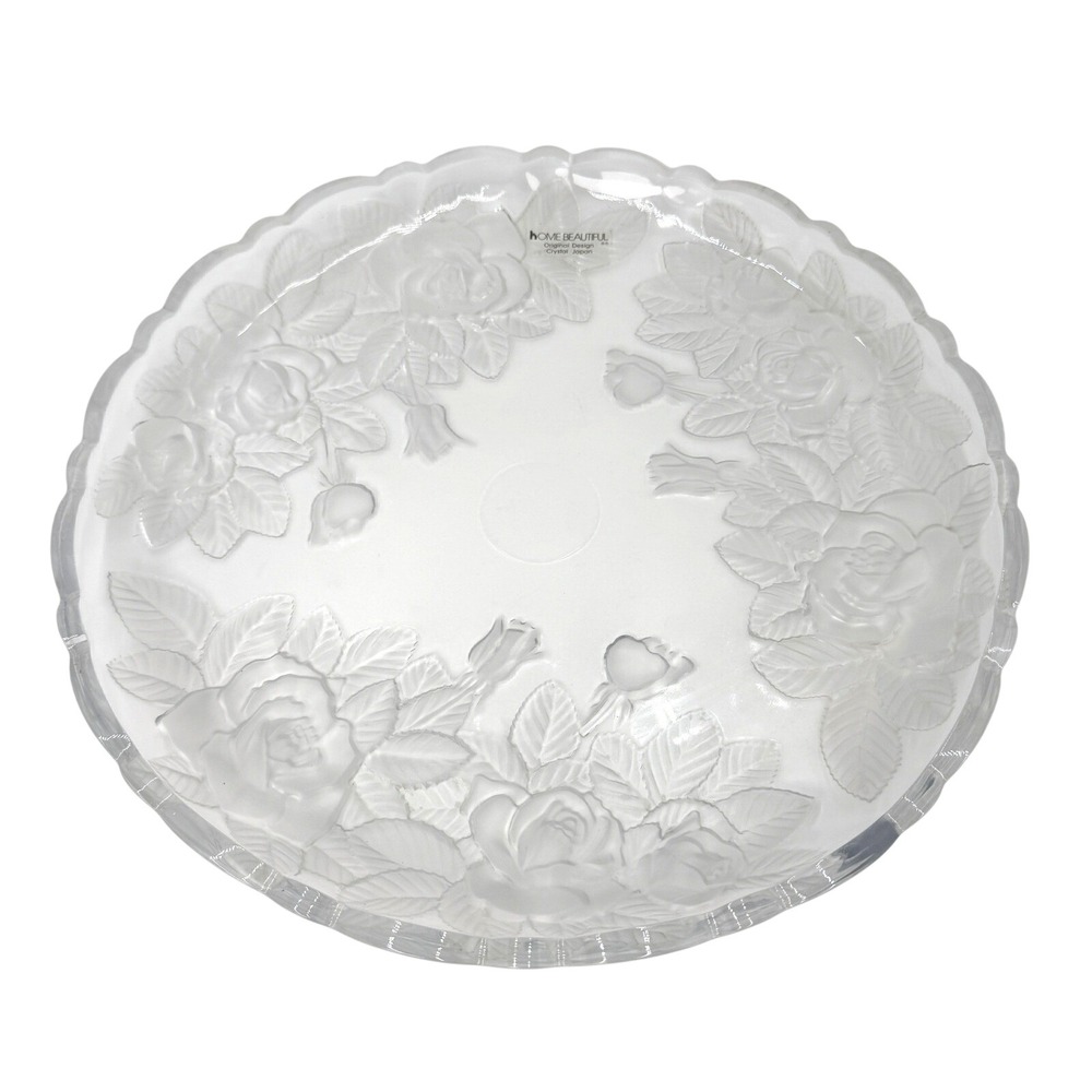 Home Beautiful Crystal Japan Frosted Rose Scalloped Round Platter Serving Tray